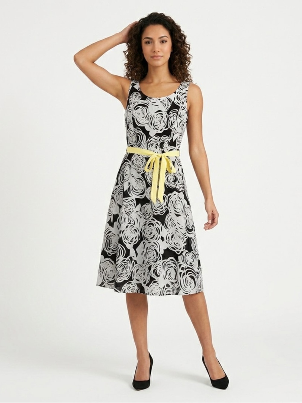 VTG Studio 1 Sleeveless Midi Cotton A-Line Dress Sz 12 Black White Floral & Belt